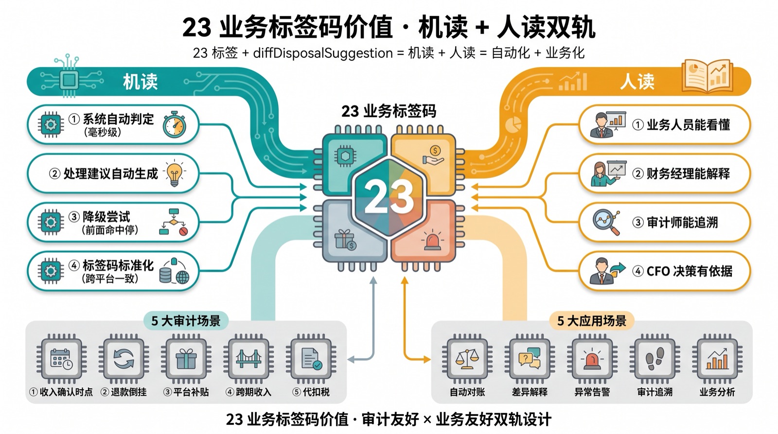 23 类差异业务标签的「机读 + 人读」双轨设计:系统自动判定并生成处理建议,业务人员看得懂、审计师能追溯